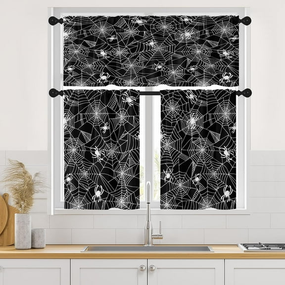Halloween Spooky Kitchen Curtains with Valance and Tier Sets 36 Inch, 3 Pieces Funny Spider Web Rod Pocket Drapes Window Treatment Curtains for Kitchen Over Sink Dining Room Decor