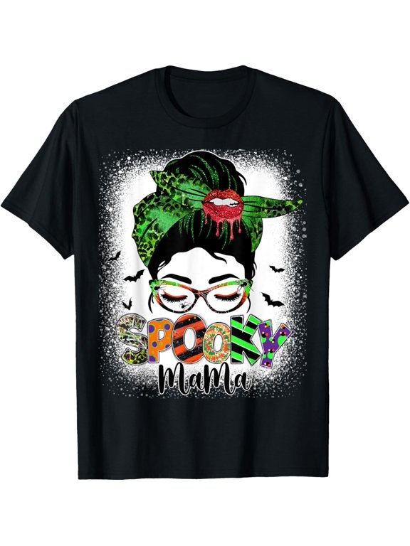 Halloween Spooky Mama Messy Bun Skull Mom Monster Bleached Holiday T-Shirt, Size S-5XL