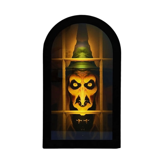 Halloween Spooky Mirror 13.4inch Haunted Witch Mirror with Green Hat, Gothic Tabletop Decor for Haunted House, Party, Home Decoration