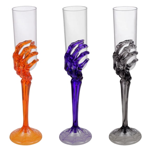 Halloween Spooky Plastic Skeleton Hand Champagne Flutes (Set of 3: Orange, Purple, Black) 10.25 in.