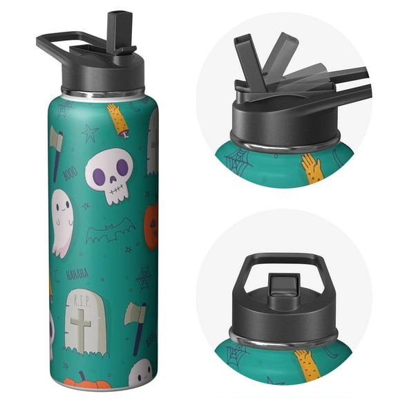 Halloween Creepy Black Cat Pumpkin 40oz Water Bottle with Flip Straw Lid Skull Witch Ghost Stainless Steel Insulated Mug Holiday Gift for Adults Teens Women Men