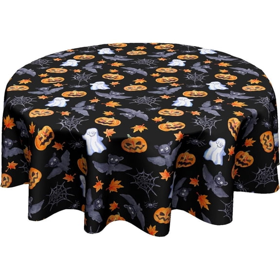 Halloween Spooky Round Tablecloth Black Bat Cobweb and Ghost Decorative Table Cloth 60 Inch Polyester Fabric Farmhouse Pumpkin Table Cover for Home Kitchen Outdoor Halloween Party