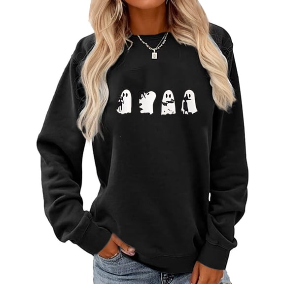 Halloween Spooky Season Sweatshirt Women: Black Cat Ghost Sweatshirts Fall Sweatshirts Top