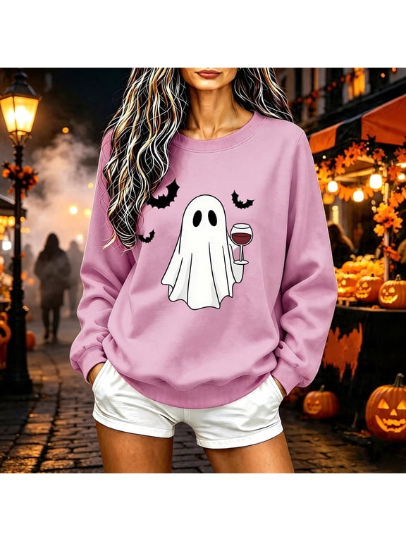 Halloween Spooky Season Sweatshirt Women Cute Ghost Graphic Pullover Tops | Magical Halloween Sweatshirts, Womens Black Cat Ghost Shirts, Funny Halloween Long Sleeve Sweater