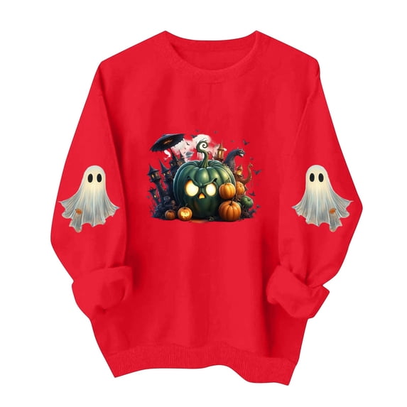Halloween Spooky Season Sweatshirt Women Oversized Ghost Sweater Fall Embroidered Pullover Top Long Sleeve Crewneck Shirts Cute Vintage Graphic Tees Holiday Wear