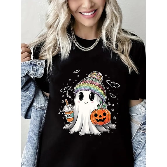 Halloween Spooky Season Tshirt Ghost Print Short Sleeve Shirt for Women