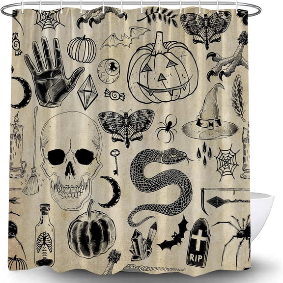 Halloween Spooky Shower Curtain Black Alchemy Magic World Witch Pumpkin Witchcraft Horror Skull Spooky Ghosts Watercolor Boho for Girls Boys Bathroom Curtain Set with Hook