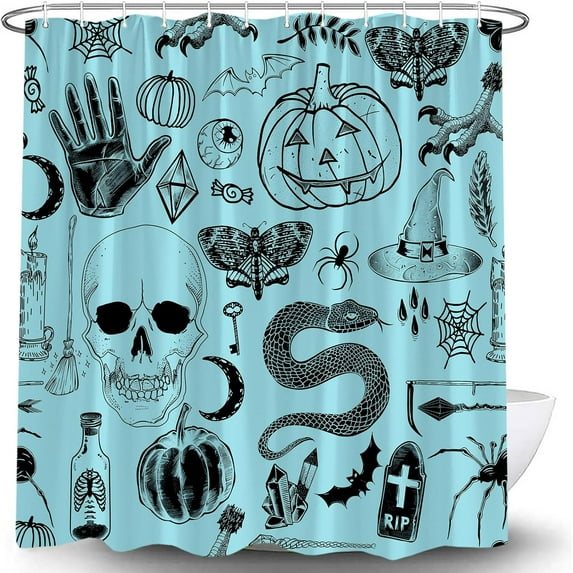 Halloween Spooky Shower Curtain Black Alchemy Magic World Witch Pumpkin Witchcraft Horror Skull Spooky Ghosts Watercolor Boho for Girls Boys Bathroom Curtain Set 72"WX72"H with Hook