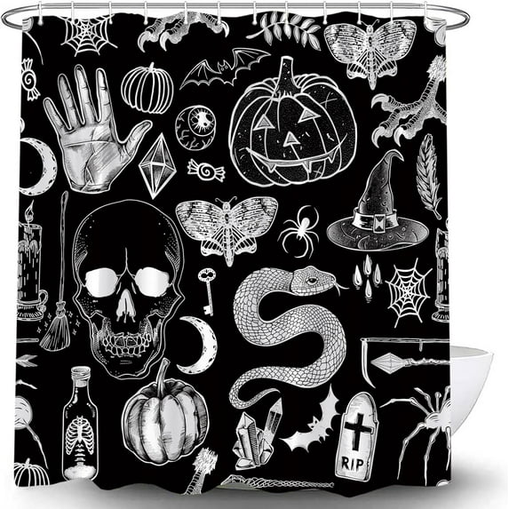 Halloween Spooky Shower Curtain Black Alchemy Magic World Witch Pumpkin Witchcraft Horror Skull Spooky Ghosts Watercolor Boho for Girls Boys Bathroom Curtain Set 72"WX72"H with Hook