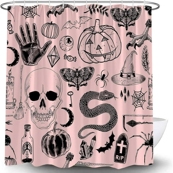 Halloween Spooky Shower Curtain Black Alchemy Magic World Witch Pumpkin Witchcraft Horror Skull Spooky Ghosts Watercolor Boho for Girls Boys Bathroom Curtain Set with Hook