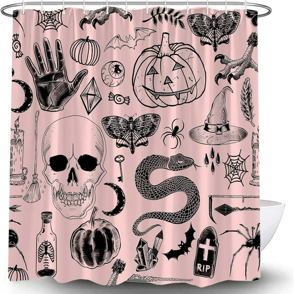 Halloween Spooky Shower Curtain Black Alchemy Magic World Witch Pumpkin Witchcraft Horror Skull Spooky Ghosts Watercolor Boho for Girls Boys Bathroom Curtain Set with Hook