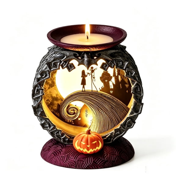 Spiral Hill LightUp Pedestal 3Wick Candle Holder, Gothic Themed Lighted Tabletop Candle Stand, Purple Base with JackOLantern Detail for Indoor Seasonal Decoration