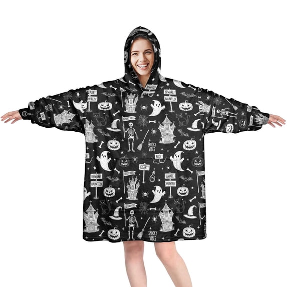 Halloween Spooky Sketch Black Wearable Blanket Hoodie, Flannel Oversized Wearable Hooded Blanket with Sleeves & with Sleeves & Pockets, Soft Cozy Gifts Ideas for Reading Watching TV and Relaxi
