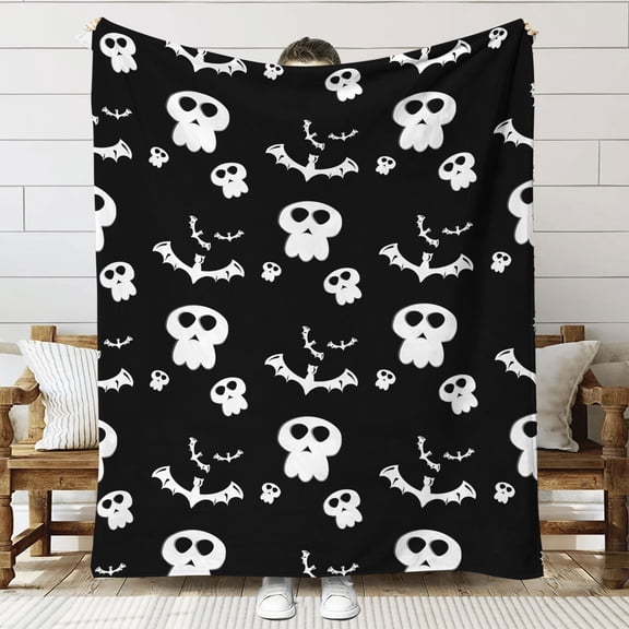 Halloween Spooky Skull Bat Blanket, Halloween Blankets and Throws, Halloween Fleece Throw Blanket, Halloween Throws Gifts for Kids Men Boys, Black, 59.3" x 51"