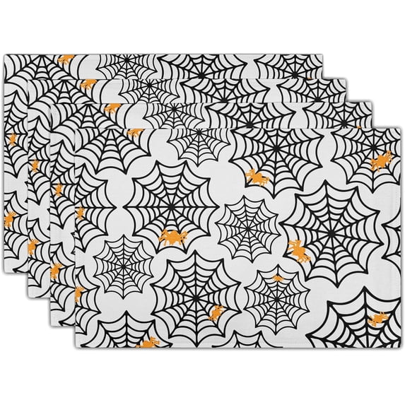 Halloween Spooky Spider Web Placemats Set of 4 Halloween Scary White Orange Spider Web Washable Non-Slip Heat Resistant 12×18 Inch Thick Linen Place Mats Decorative Fabric Table Mat for Dining Table