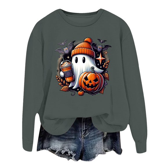 Halloween Spooky Sweatshirt for Women Funny Cute Ghost Graphic Long Sleeve Blouses Crewneck Pumpkin Print Trendy Loose Fit Tops