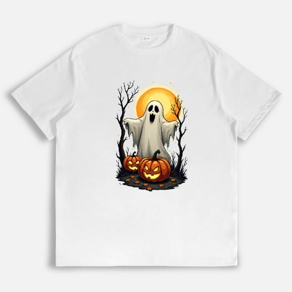 Halloween Cotton Spooky Tee Ghost Pumpkin Moon Design T Shirt Vintage Retro Graphic Tees Soft Tops White S-5XL