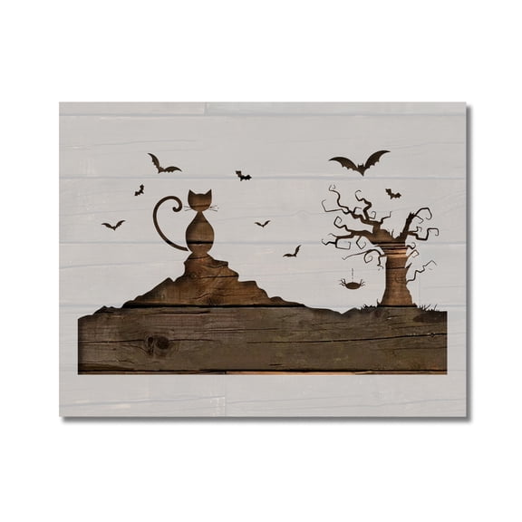 Halloween Spooky Tree Cat Bat Scene Stencil Template Reusable 8.5 x 11 Inches for Painting on Walls, Wood, Arts and Crafts by Stencilville