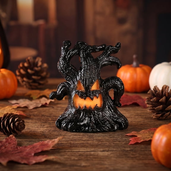 Halloween Spooky Tree Stump LED Light Statue, Scary Ghost Face Tree Trunk Lamp, Resin Lighted Tabletop Ornament for Halloween Party Indoor Home Decor