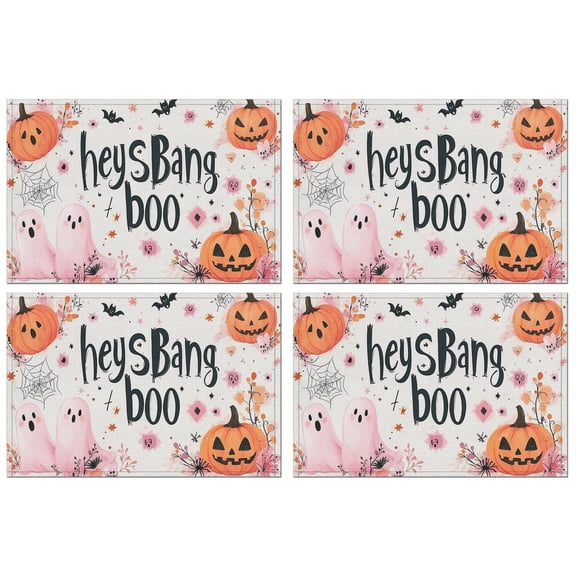 Halloween Spooky Trick Lantern Pumpkin Linen Place Mats Set Of 4 12x18 Inch Halloween Table Mat Heat-Resistant Washable Durable Place Mat for Party Kitchen Dining Home Decoration