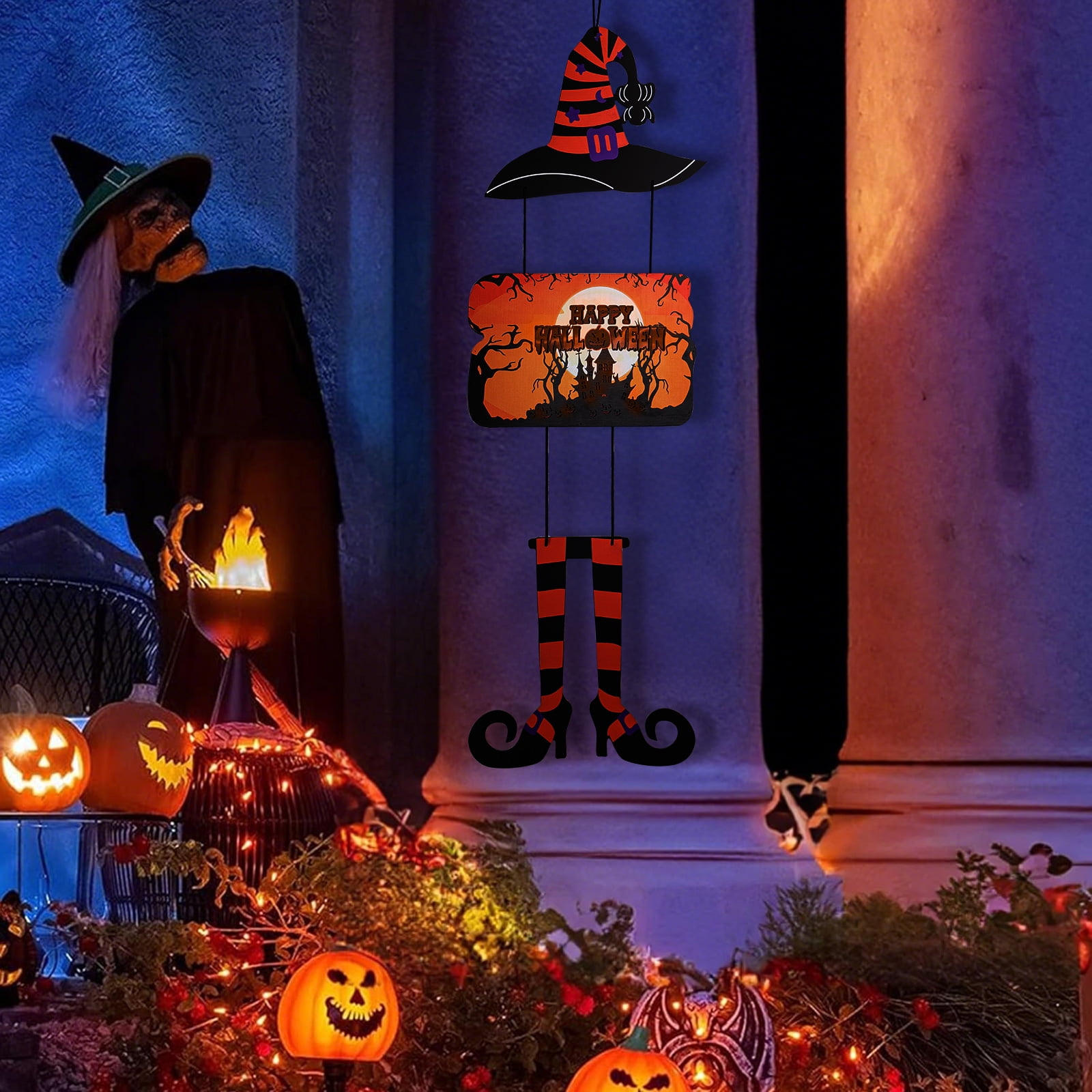Halloween Spooky Welcome Sign - Rustic Wooden Hanging Decor with Witch Boots & Hat, Indoor/Outdoor Wall Art for Front Door Porch Fall Holiday Party Decoration - Walmart.com