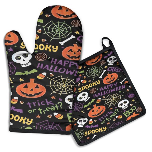 Halloween Spooky Words and Icons Pattern Kitchen Oven Mitt and Pot Holder Sets 2 Pcs for Baking, Cooking and Grilling, Heat Resistant Up To 392 °F