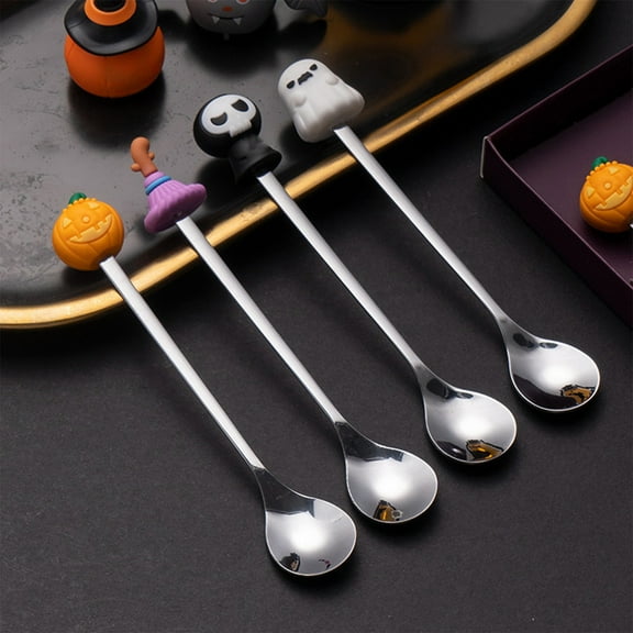 Halloween Spoon Set, 4 Piece Stainless Steel Doll Shaped Spoons for Dessert, Coffee Stirring, Party Supplies, Novelty Utensils