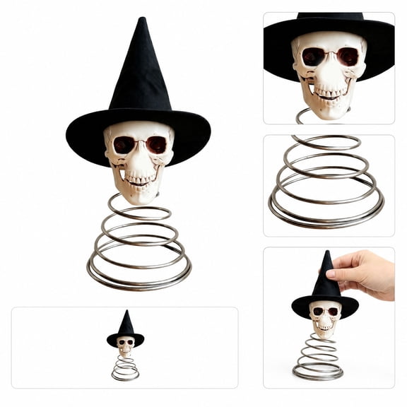 Halloween Spring Skull Decorations, Hard Plastic Skeleton Head with 2 Optional Hats, Swinging Spooky Ornament for Party Haunted House Desktop Decoration