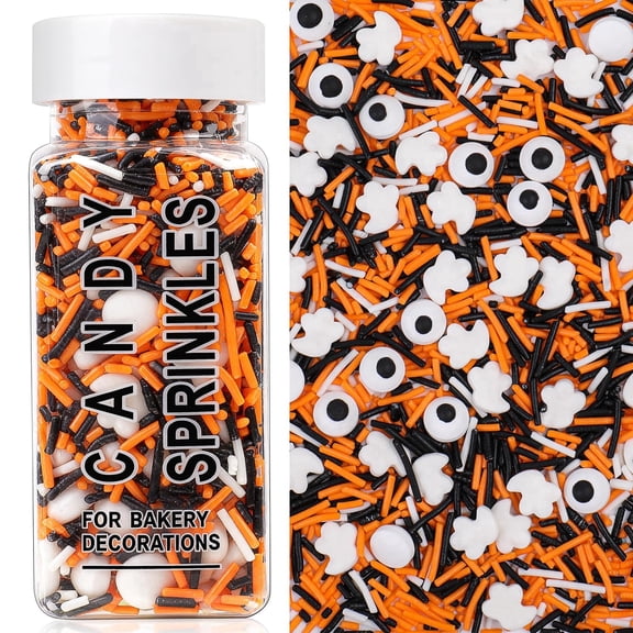 Halloween Sprinkles 4.6oz, Edible Candy Eyes & Ghost Mix for Cake Decorating, Black White Orange Jimmies Sprinkles for Cupcakes, Cookies, Ice Cream, Donuts & Halloween Party Desserts