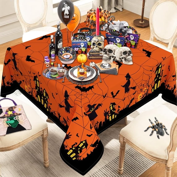Halloween Square Tablecloth 60×60 Inch,Halloween Orange Tablecloths Halloween Spider Web Washable Table Cover, Halloween Decoration Table Cloths for Party Picnic Dinner Table Decor