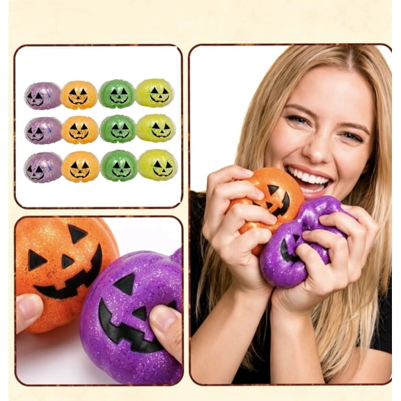 Halloween Squeeze Toys, 12 Pack Halloween Stress Balls, Halloween Party Favors for Student, Squeeze Toys for Student, 2.75X2 Inch Jack-O-Lantern Gel Filled Glitter Squeeze Toys