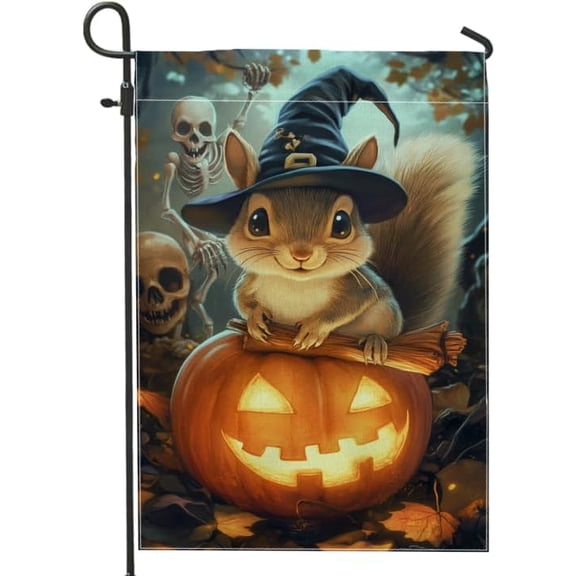 Halloween Squirrel Garden Flag, Cute Brown Squirrel with Witch Hat and Pumpkin Outdoor Decor, Double Sided Burlap Fall Decoration for Yard and Lawn, Spooky Skeleton Background 12x18 Inch