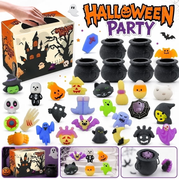 Halloween Squishies, 33 Pcs Assorted Character Squeeze Bundle with 5 Mini Witch Cauldrons, Squeeze Relaxation Toys for Student, Halloween Sensory Toys for Student with Autism,