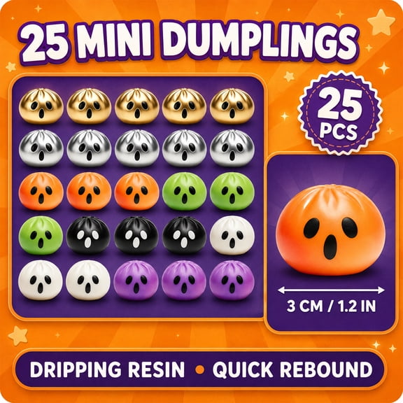 Halloween Squishies Mystery Dumplings 25 Pack, 1.2" Spooky Ghost Bao Bun Squishy Dumpling Halloween Party Favors with Rare Gold Silver