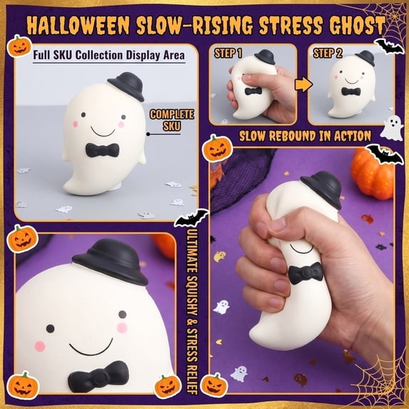 Halloween Squishy Ghost Shape Slow Rising Toys, Soft PU Foam Squeeze Fidget Toys for Adult Desk Stress Relief Sensory Play