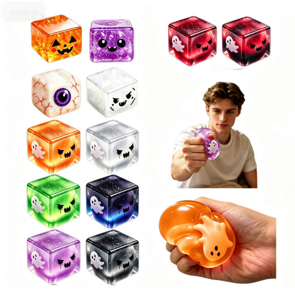 Halloween Squishy Ice Cube Stress Balls, Glitter Slow Rebound Square Ghost Squishy, Cute Spooky Sensory Toy for Anxiety Relief, Halloween Holiday & Birthday Gift Party Favor, 1PC Blue