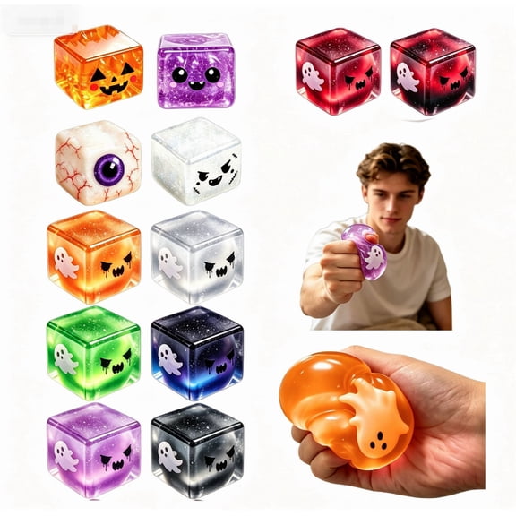 Halloween Squishy Ice Cube Stress Balls, Glitter Slow Rebound Square Ghost Squishy, Cute Spooky Sensory Toy for Anxiety Relief, Halloween Holiday & Birthday Gift Party Favor, 1PC Orange
