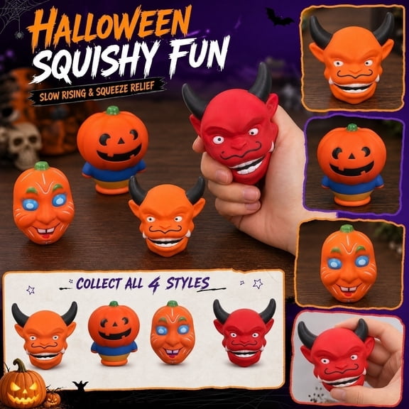 Halloween Squishy Slow Rising Stress Toy, Horror Pumpkin Devil Soft Squeeze Decompression Toy, Reusable Sensory Fidget Prop for Halloween Haunted House Party, Kids Birthday Gift Classroom Prize