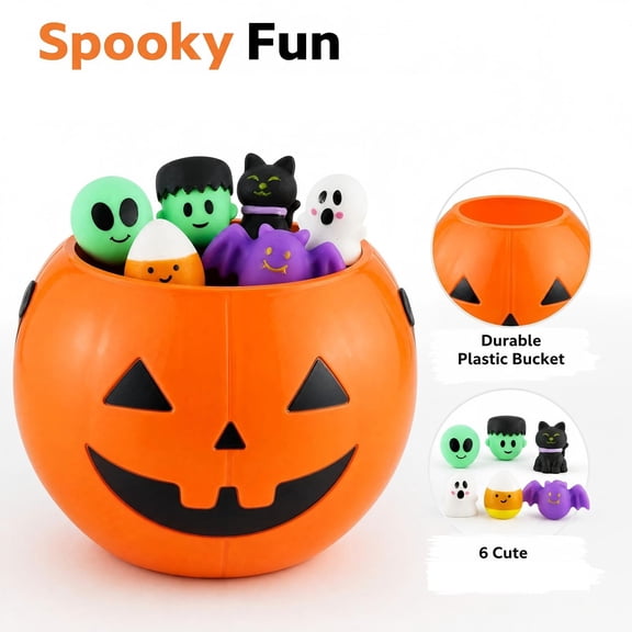 Halloween Squishy Toys Set with Pumpkin Trick Or Keep Hands Busy Bucket, 18-Piece, Orange and Multicolor, for Kids Party Favors, Sensory Squeeze Toys