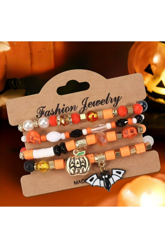 Halloween Stackable Beaded Bracelet Set Gothic Layered Stretchable Jewelry with Spooky Symbols Accessory Gift