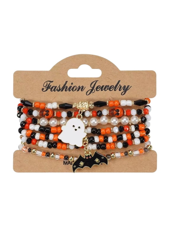 Halloween Stackable Beaded Bracelet Set, Gothic Pumpkin Spider Stretch Jewelry, Layered Spooky Charm Bracelets for Women, Party, Holiday Gift Multicolor9
