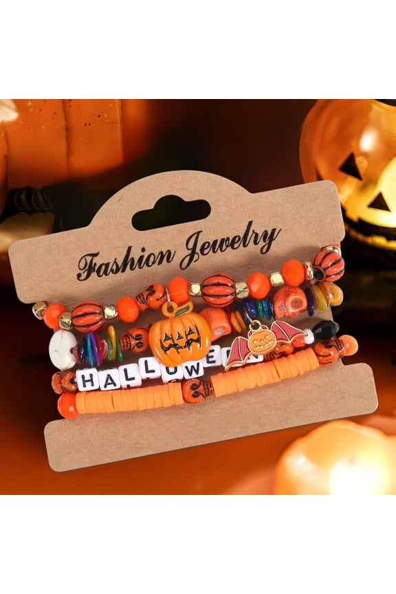 Halloween Stackable Beaded Bracelet Set, Multicolor Gothic Stretch Jewelry with Skull Spider Bat Pumpkin Charms for Women Party Accessories