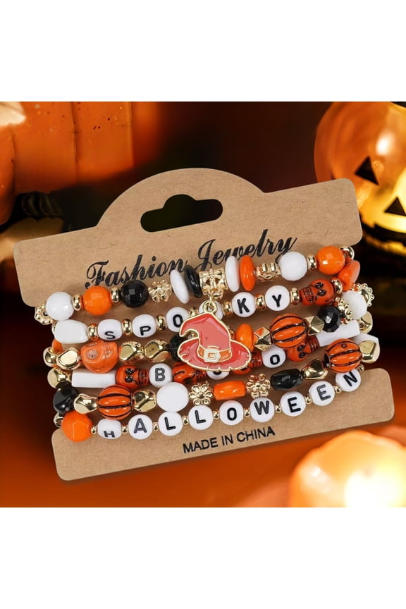 Halloween Stackable Stretch Bracelets Set Gothic Multilayer Beaded Bat Pumpkin Spider Wrist Jewelry for Women