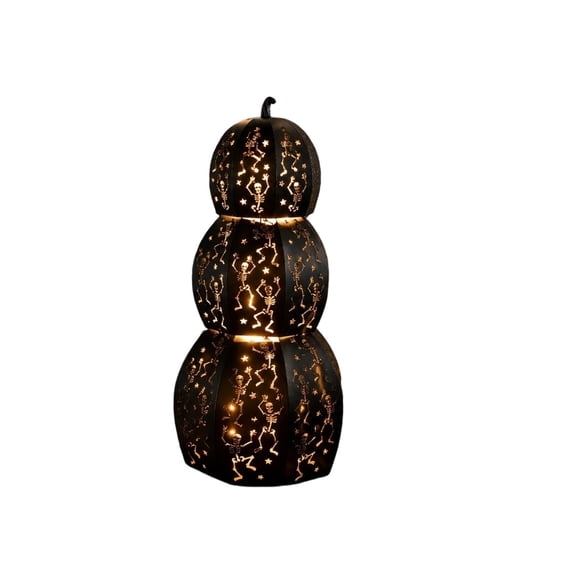 Halloween Stacked Black Metal Pumpkin Decoration – 3-Tier with Skeleton Cutouts – Lighted Indoor or Covered Outdoor Seasonal Display