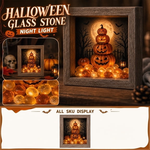 Halloween Stacked Jack-o-Lantern Night Light, Wooden Frame LED Tabletop Lamp with Pumpkin Tower Full Moon Bats Scene, Halloween Decor for Mantel Shelf Indoor Home