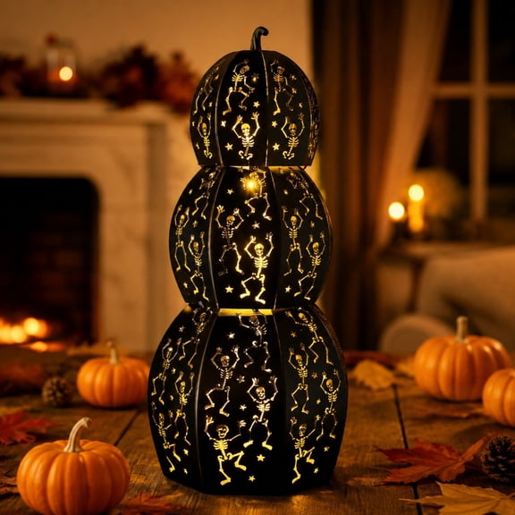 Halloween Stacked Metal Pumpkin Light Decor, Light-Up Triple Tower Pumpkin Lantern with Dancing Skeleton Cutouts, Pumpkin Lantern Tabletop Ornament, 11.8*3.9inch