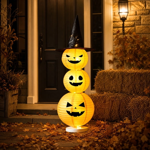 Halloween Stacked Pumpkin Light, LED Paper Pumpkin Lantern with Witch Hat for Front Porch Tabletop and Party Decor