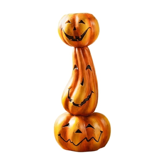 Halloween Stacking Pumpkin Candle Holder, 7 Inch Resin Jack-O'-Lantern Figurine with Vintage Distressed Finish, Spooky Tabletop Centerpiece for Home Party Mantel Decor