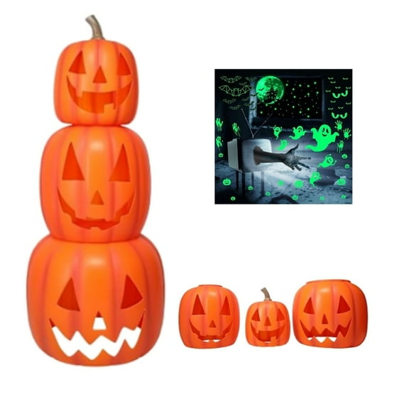 Halloween Stacking Pumpkin Decoration – Orange Light-Up Pumpkin Tower with Bonus Glow-in-the-Dark Ghost Stickers for Indoor Outdoor Halloween Decor