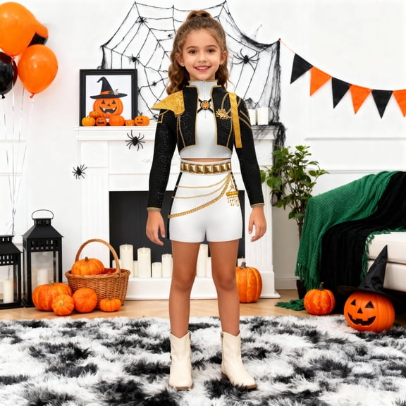 Halloween Stage Role Play Stage Cosplay Costume, Idol Stage Performance Set Includes Outerwear, T-Shirt and Shorts with Accessories, Cosplay Outfit for Animeed Stage Show Party, 110(3-4 Years)